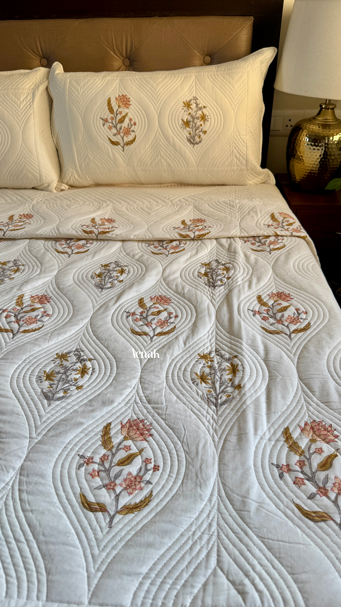 Peach Phool Embossed Handblock Quilted Bedcover Set