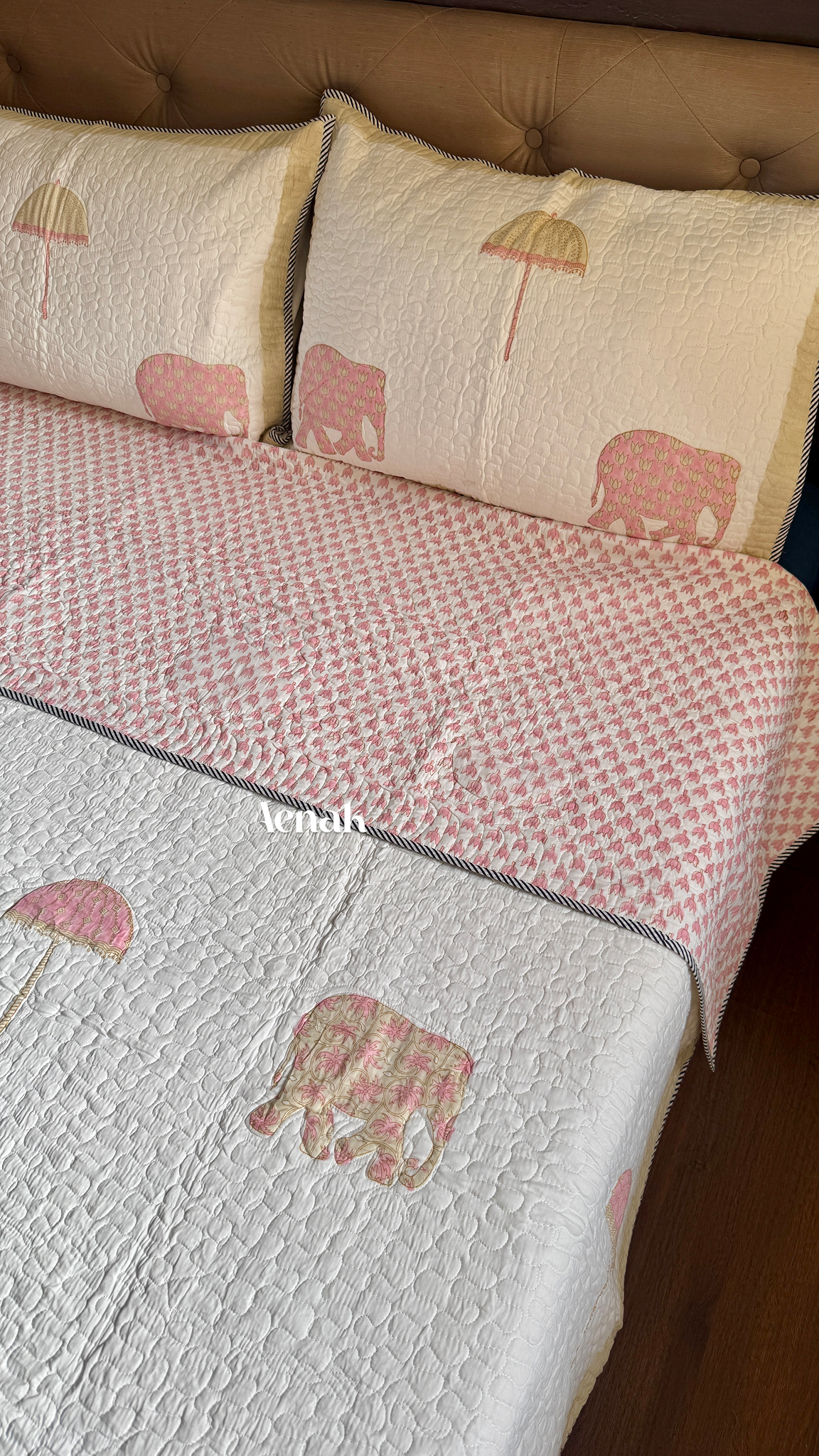 Pastel Pink & Yellow Elephant Handblock Printed Reversible Quilted Bedcover