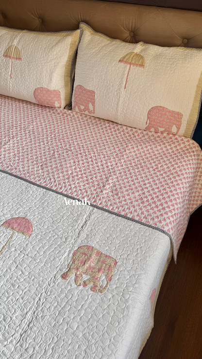 Pastel Pink & Yellow Elephant Handblock Printed Reversible Quilted Bedcover