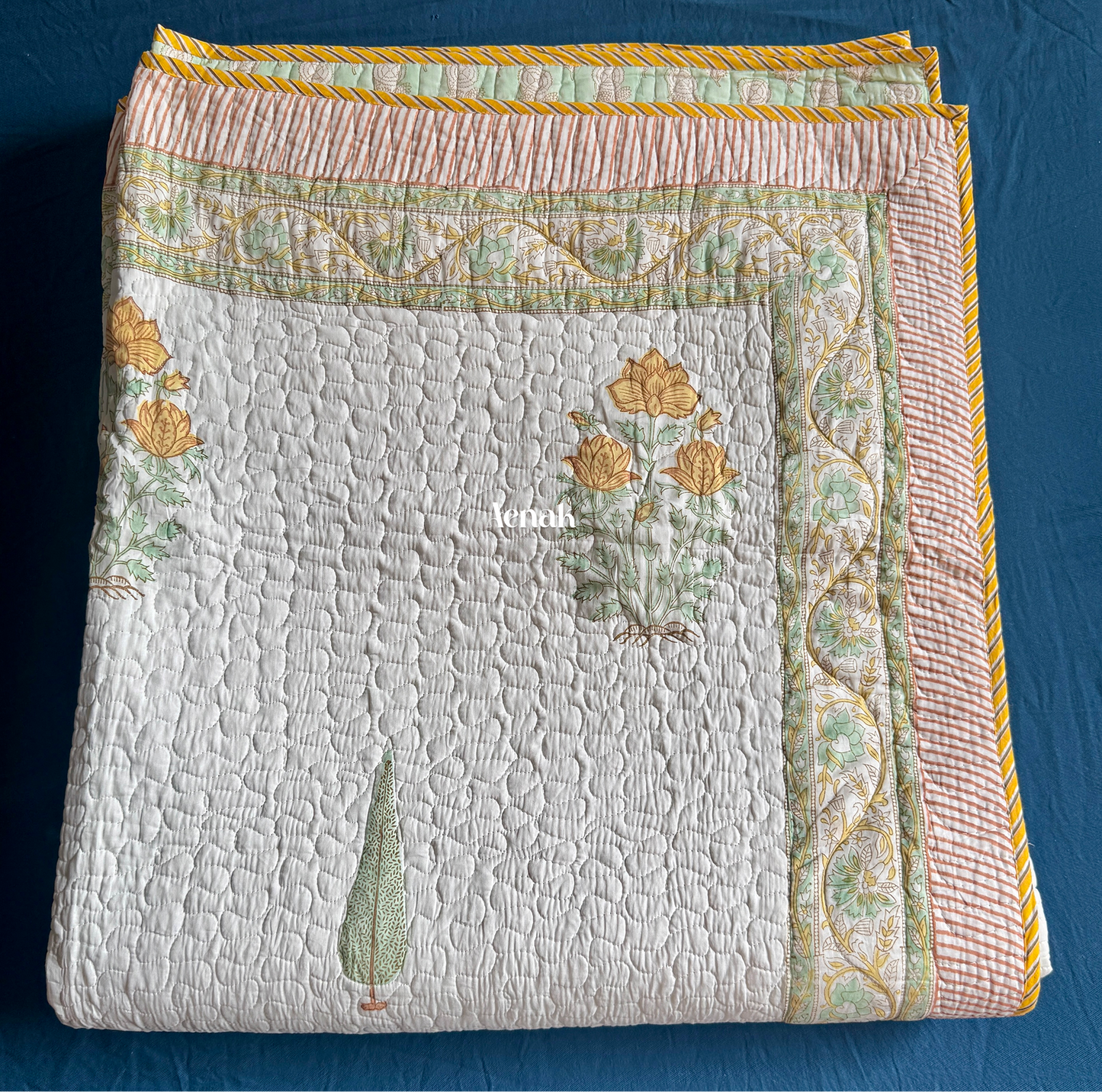 Yellow Marigold Handblock Printed Reversible Quilted Cotton Bedcover