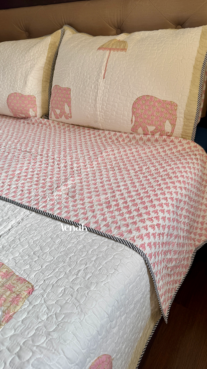 Pastel Pink & Yellow Elephant Handblock Printed Reversible Quilted Bedcover
