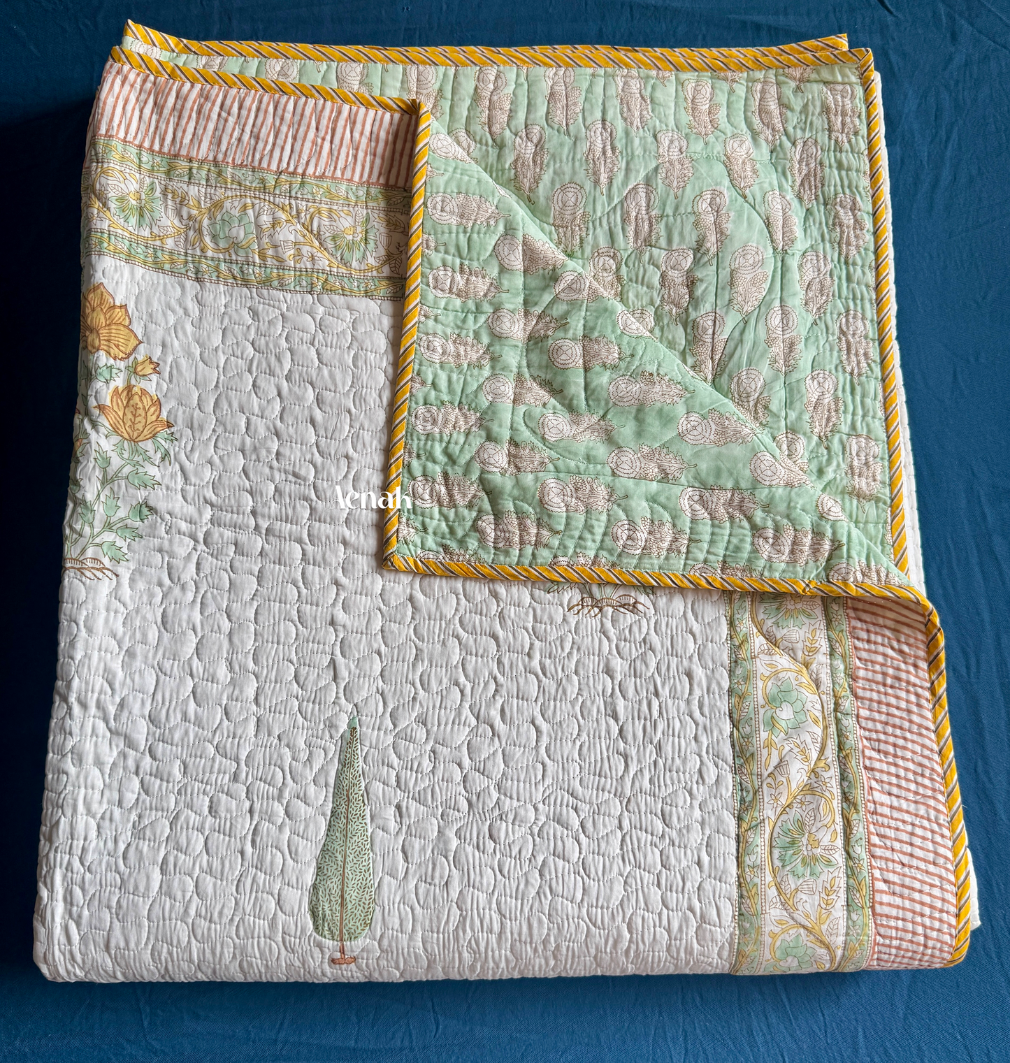 Yellow Marigold Handblock Printed Reversible Quilted Cotton Bedcover