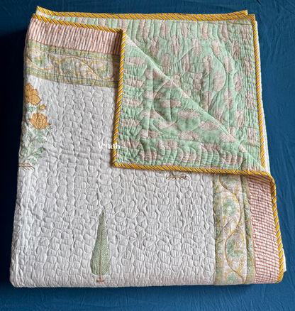 Yellow Marigold Handblock Printed Reversible Quilted Cotton Bedcover