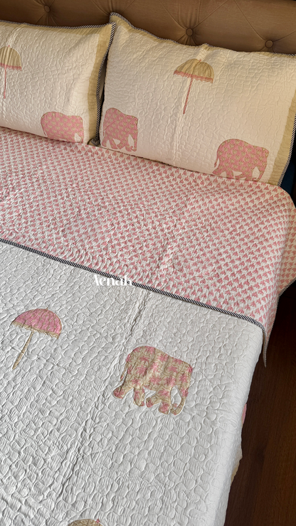 Pastel Pink & Yellow Elephant Handblock Printed Reversible Quilted Bedcover