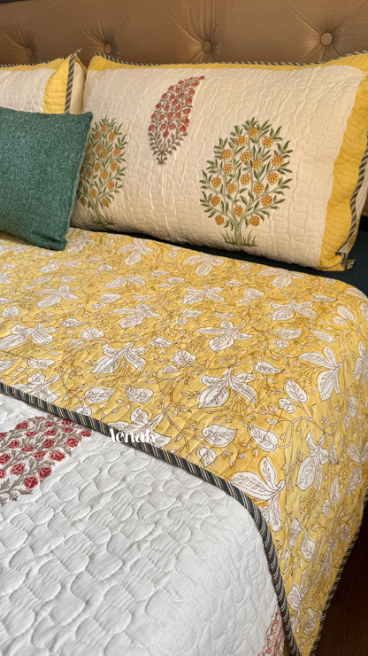 Yellow & Red Phool Boota Handblock Printed Reversible Quilted Bedcover