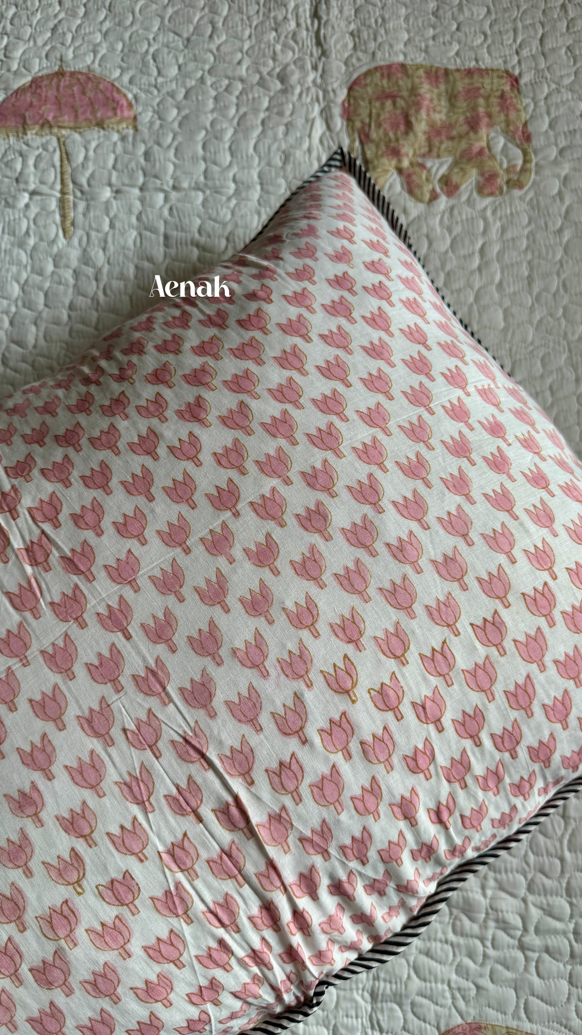 Pastel Pink & Yellow Elephant Handblock Printed Reversible Quilted Bedcover