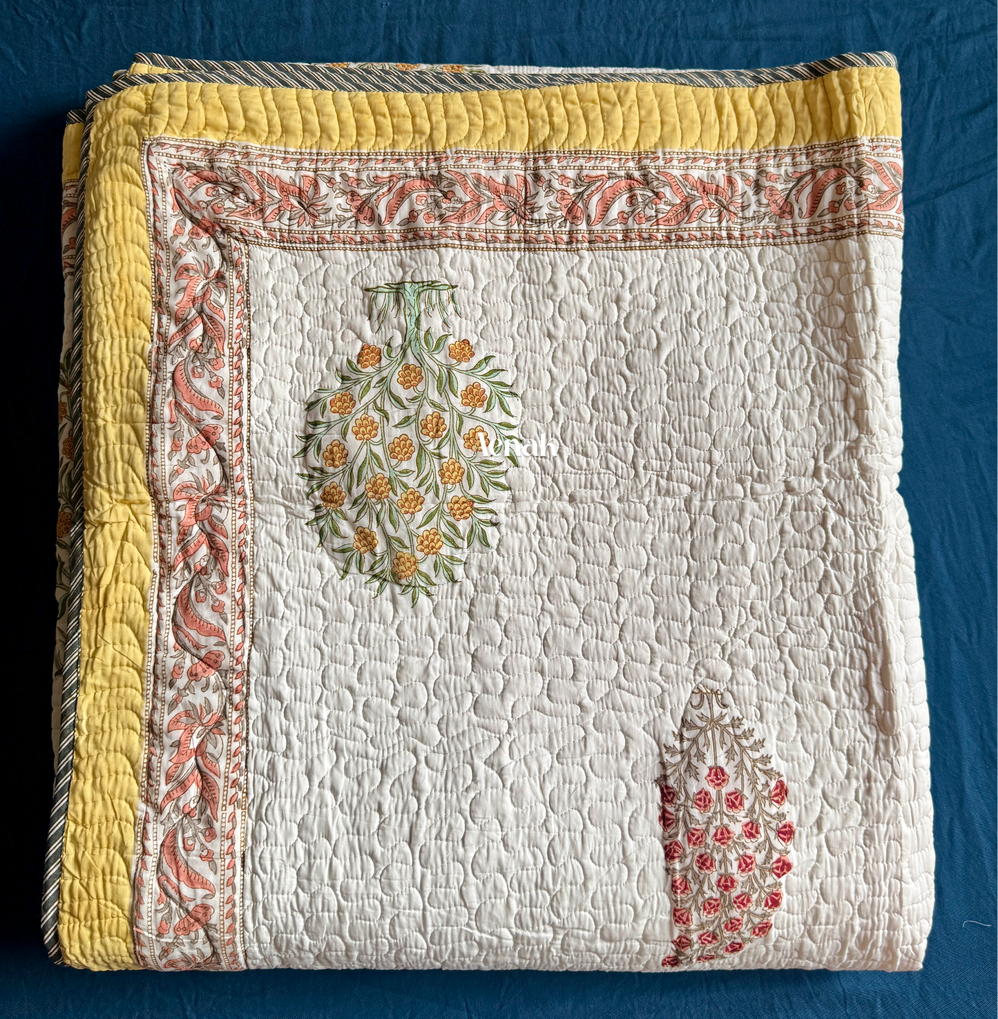 Yellow & Red Phool Boota Handblock Printed Reversible Quilted Bedcover