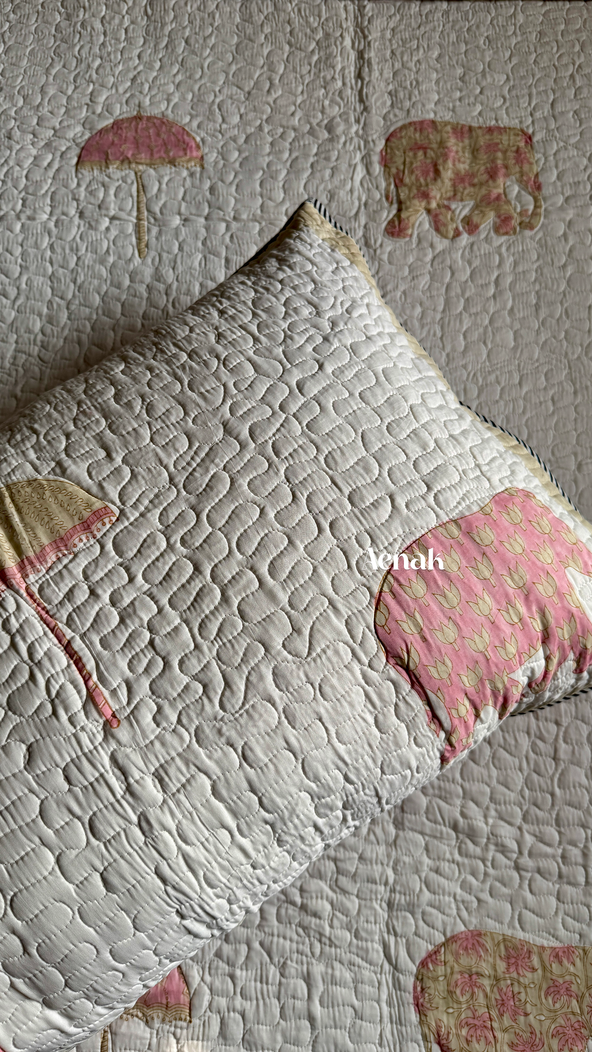 Pastel Pink & Yellow Elephant Handblock Printed Reversible Quilted Bedcover