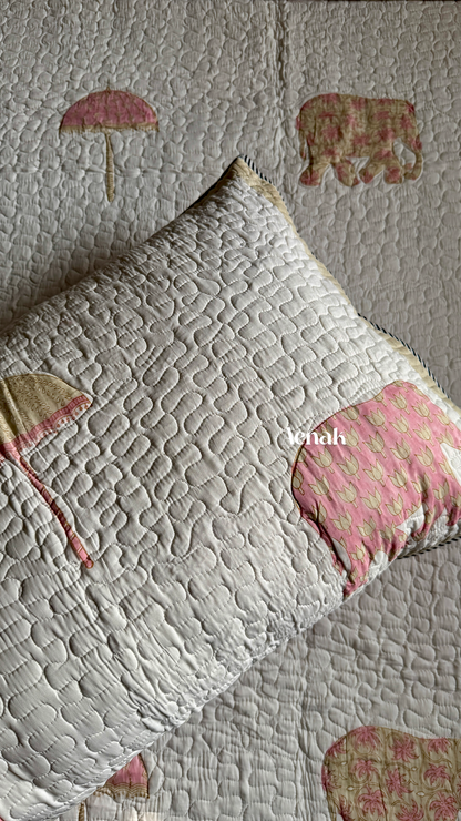 Pastel Pink & Yellow Elephant Handblock Printed Reversible Quilted Bedcover
