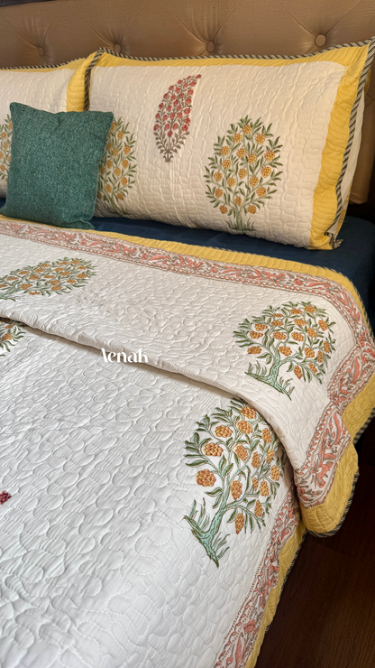 Yellow & Red Phool Boota Handblock Printed Reversible Quilted Bedcover