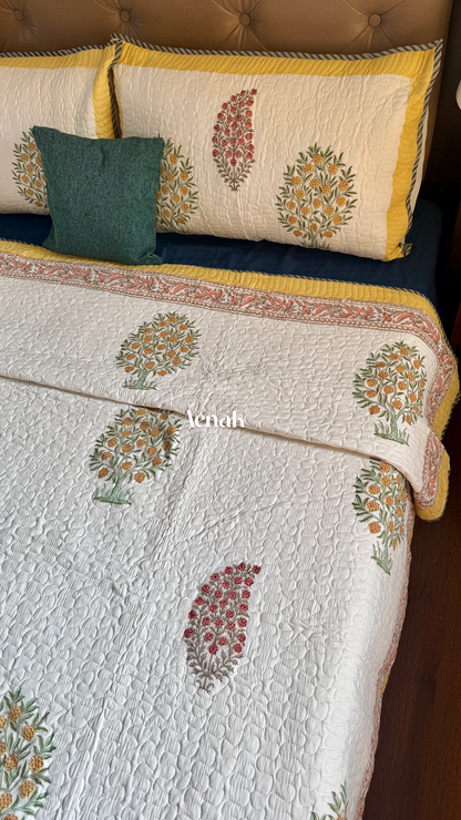 Yellow & Red Phool Boota Handblock Printed Reversible Quilted Bedcover