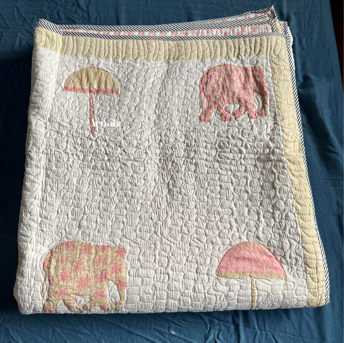 Pastel Pink & Yellow Elephant Handblock Printed Reversible Quilted Bedcover