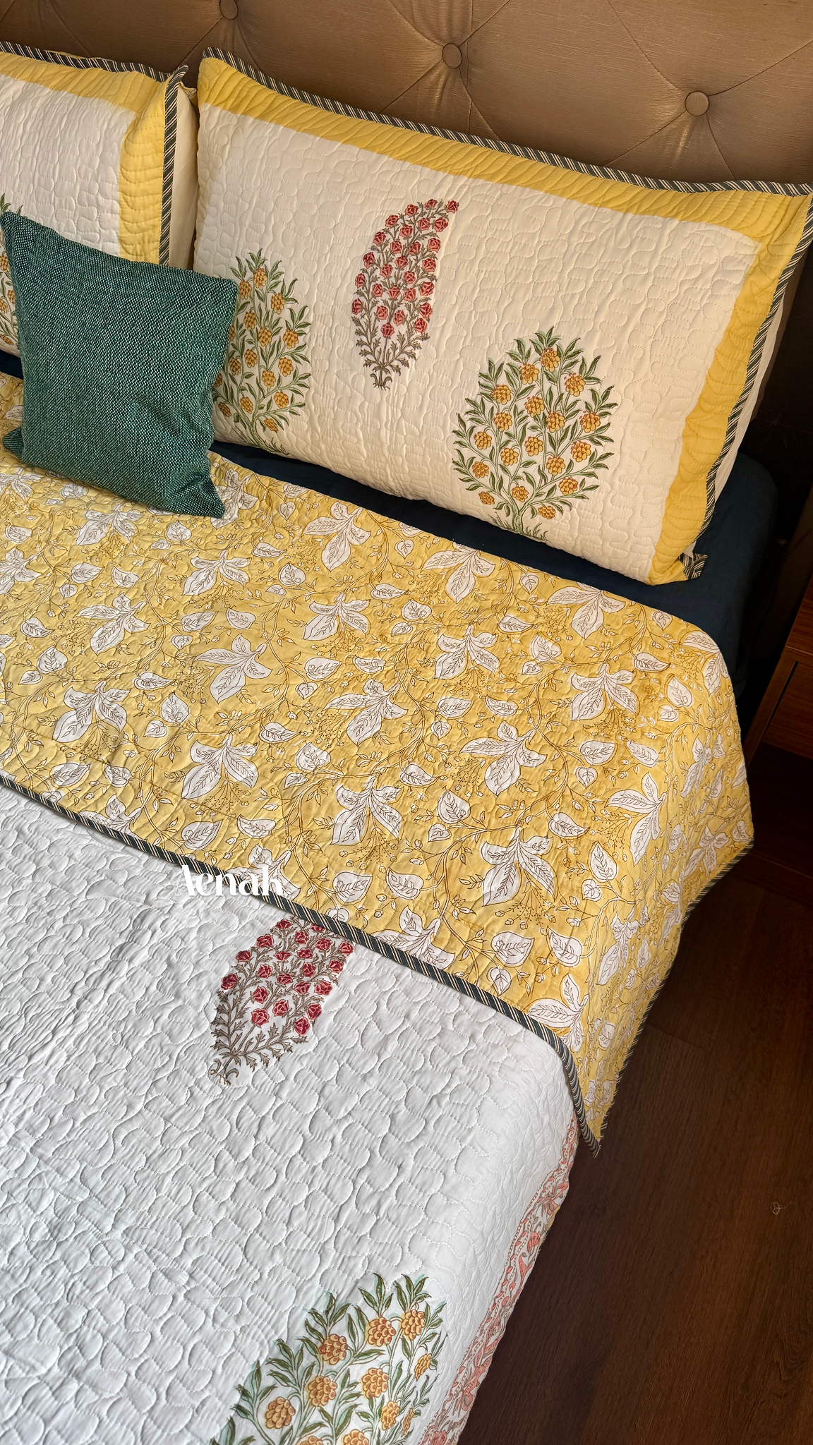 Yellow & Red Phool Boota Handblock Printed Reversible Quilted Bedcover