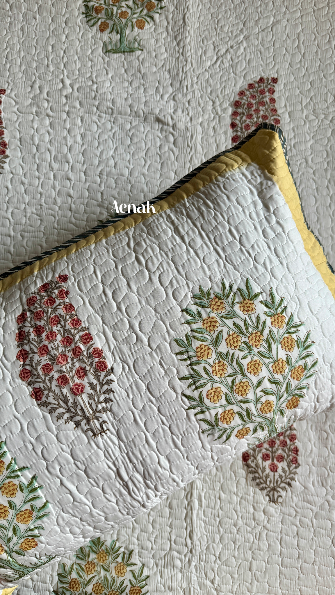 Yellow & Red Phool Boota Handblock Printed Reversible Quilted Bedcover