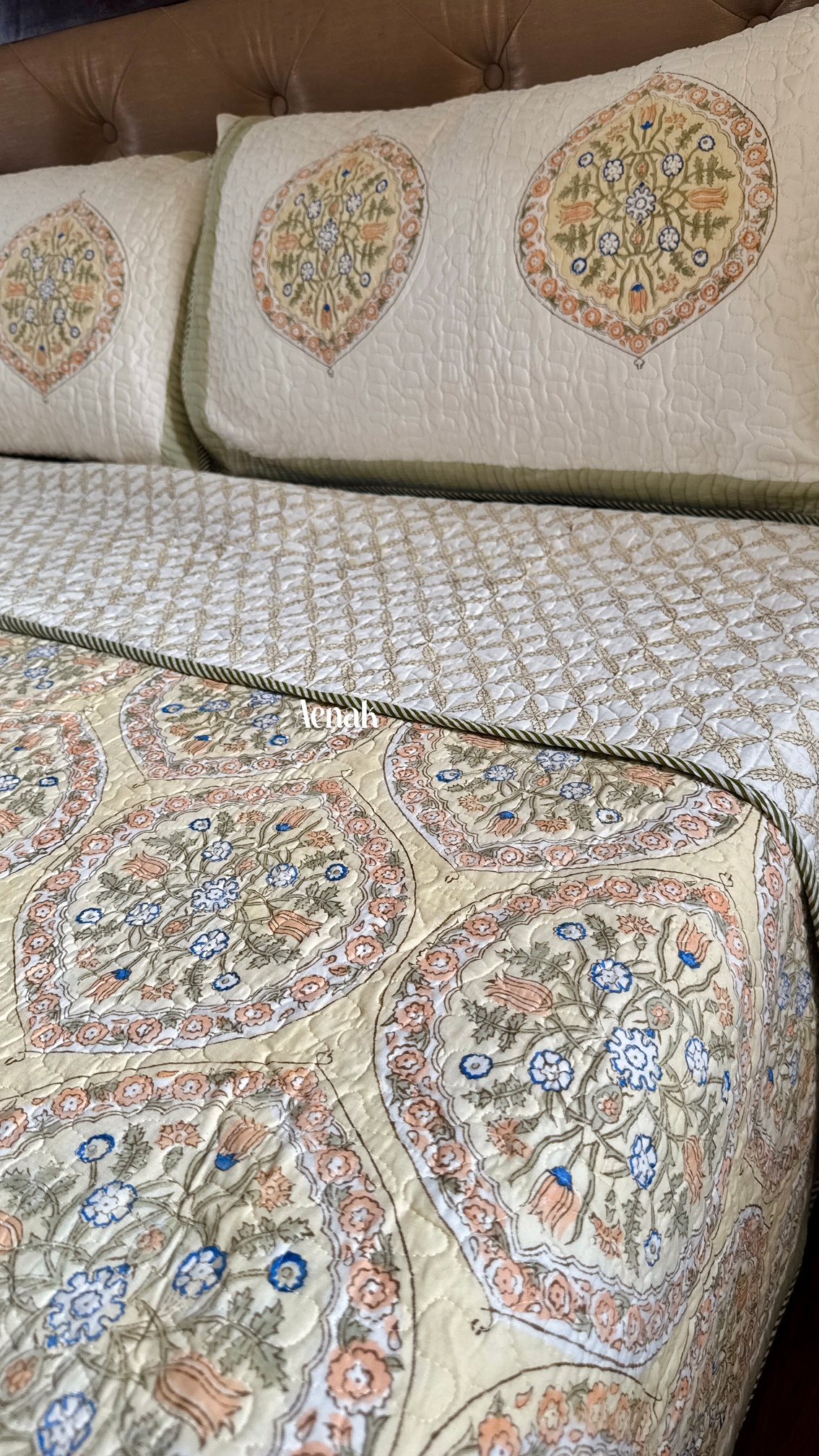 Pastel Yellow Geometric Handblock Printed Reversible Quilted Bedcover