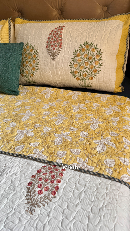Yellow & Red Phool Boota Handblock Printed Reversible Quilted Bedcover