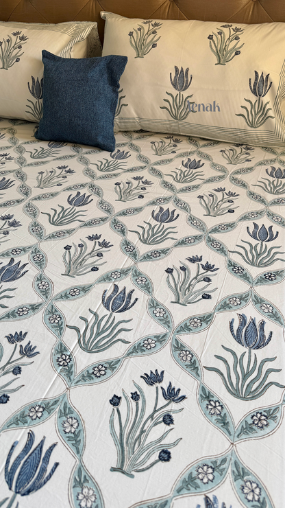 Blue Lotus Jaal Handblock Printed Premium Cotton Bedsheet