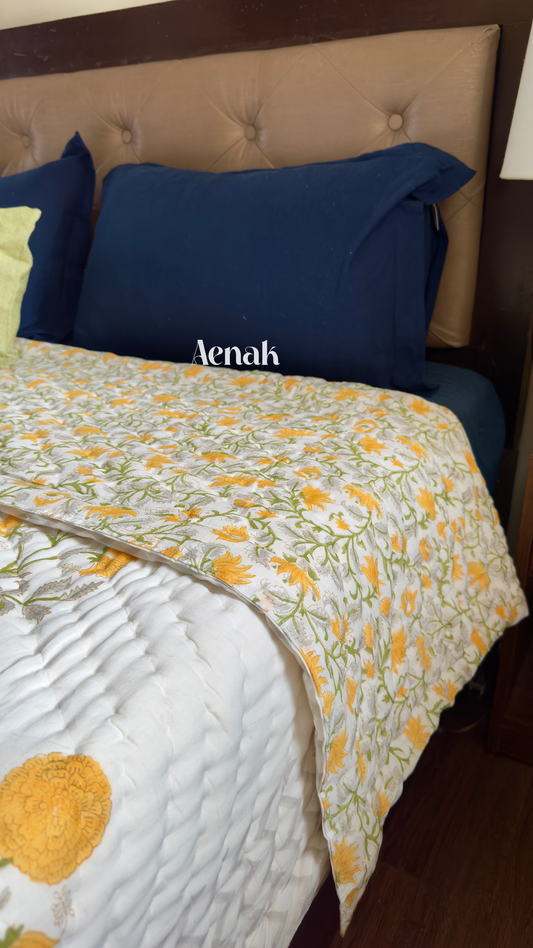 Yellow Marigold Handblock Bedsheet + Quilt Combo