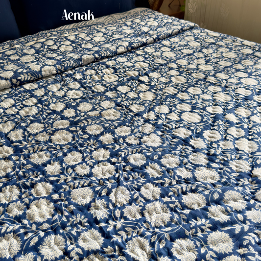 Blue Floral Garden Bedsheet + Quilt Combo Set
