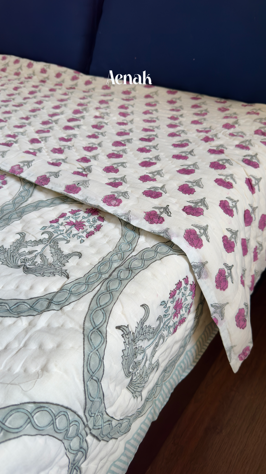 Magenta Oval Handblock Printed Reversible Mulmul Cotton Quilt