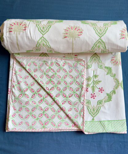 Pink Palm Jaal Handblock Printed Mulmul Cotton Reversible Dohar