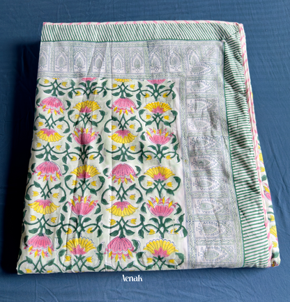 Pink & Yellow Lotus Handblock Printed Mulmul Cotton Reversible Dohar