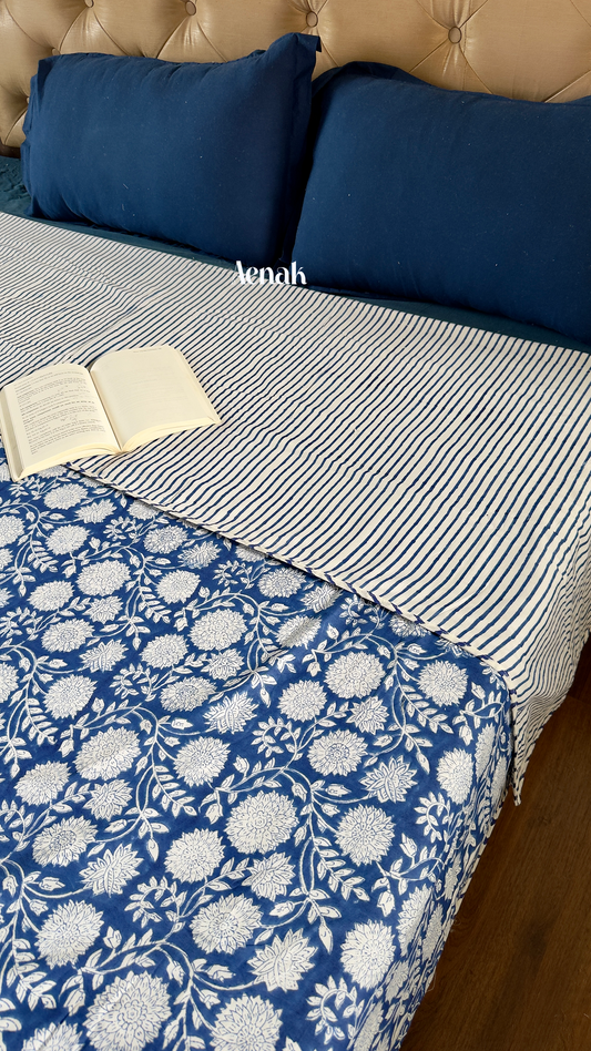 Blue Floral Garden Handblock Printed Mulmul Cotton Reversible Dohar