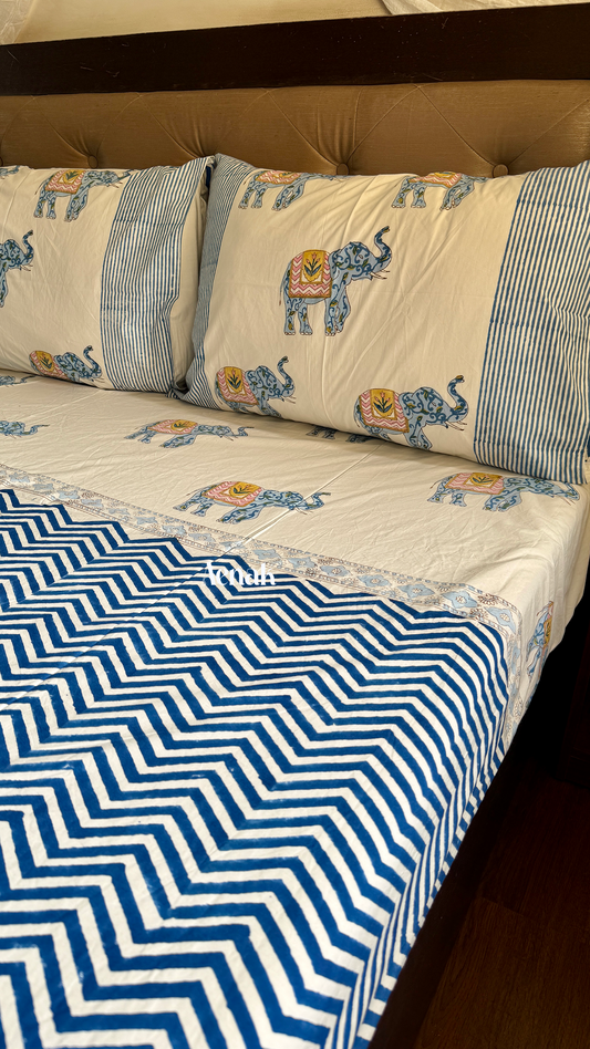 Blue Chevron Elephant Handblock Printed Premium Cotton Bedsheet