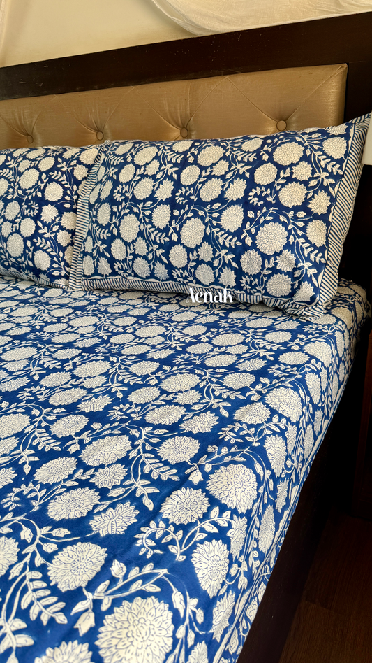 Blue Floral Garden Handblock Printed Premium Cotton Bedsheet