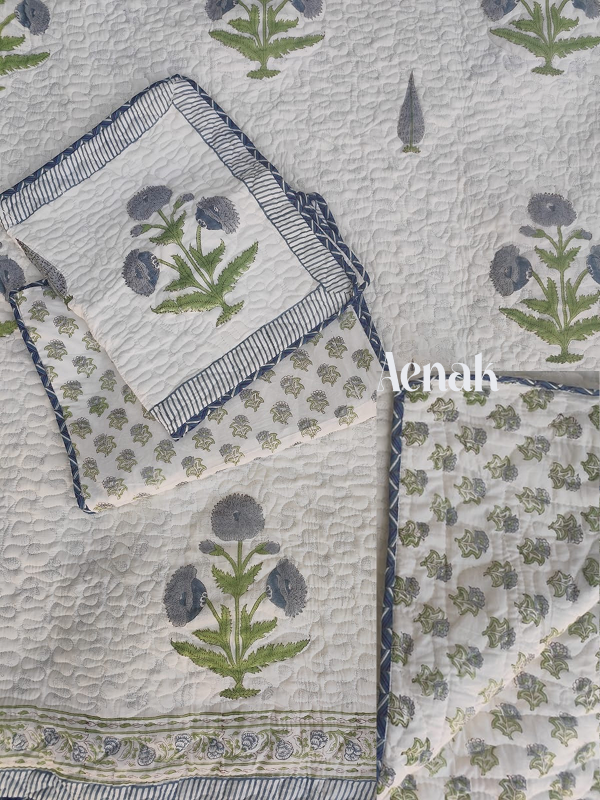 Blue Dahlia Handblock Bedsheet + Quilted Bedcover Combo