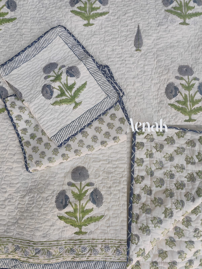 Blue Dahlia Handblock Bedsheet + Quilted Bedcover Combo