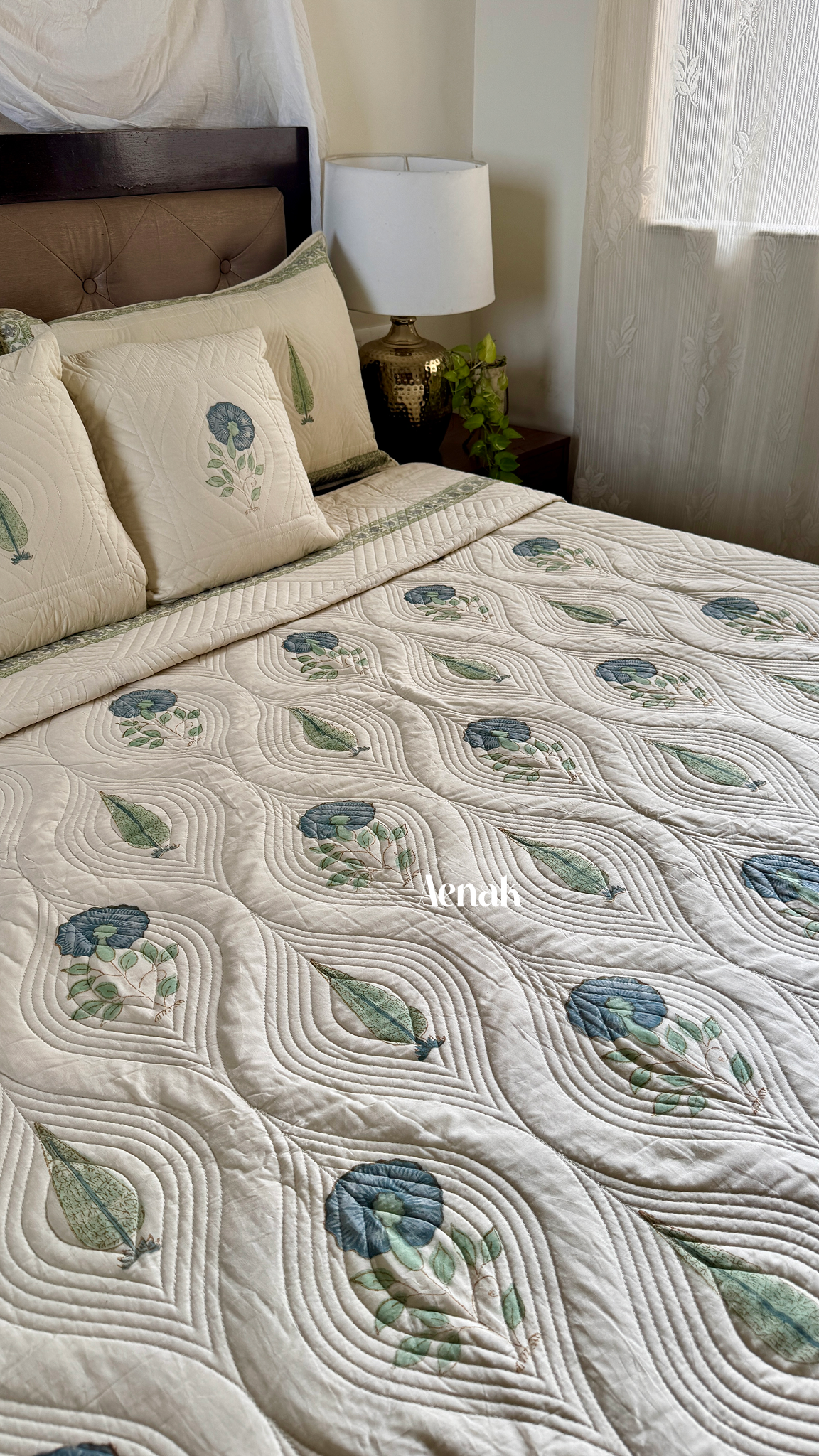 Beige Embossed Handblock Printed Quilted Bedcover (Non-White Base)