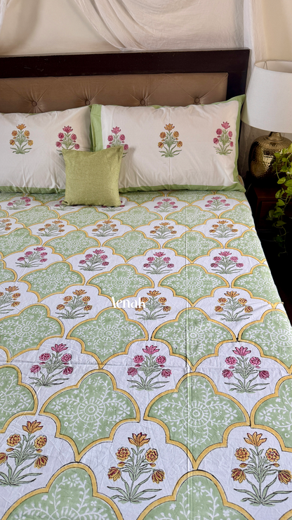 Mint Green & Yellow Handblock Printed Premium Cotton Bedsheet