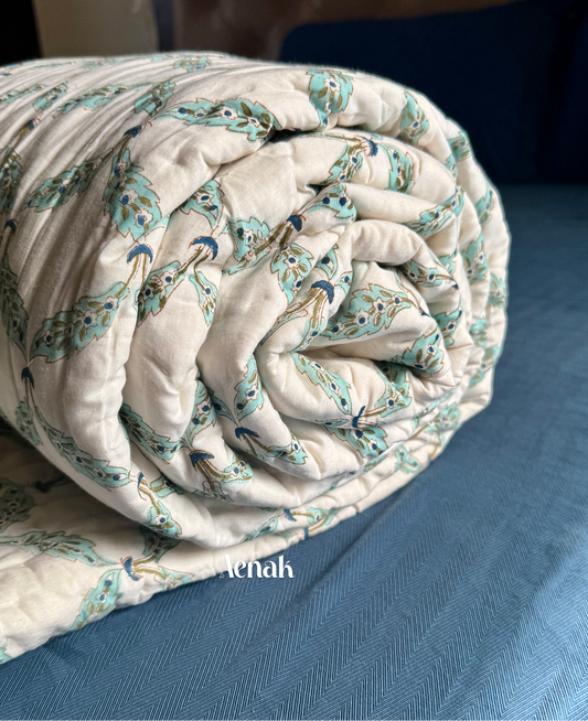 Blue Jaal Handblock Bedsheet + Quilt Combo