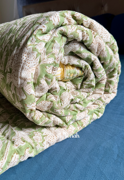 Green Gadd Handblock Printe Reversible Mulmul Cotton Quilt
