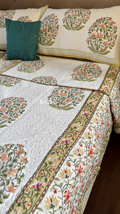 Yellow Phool Boota Handblock Printed Reversible Quilted Bedcover