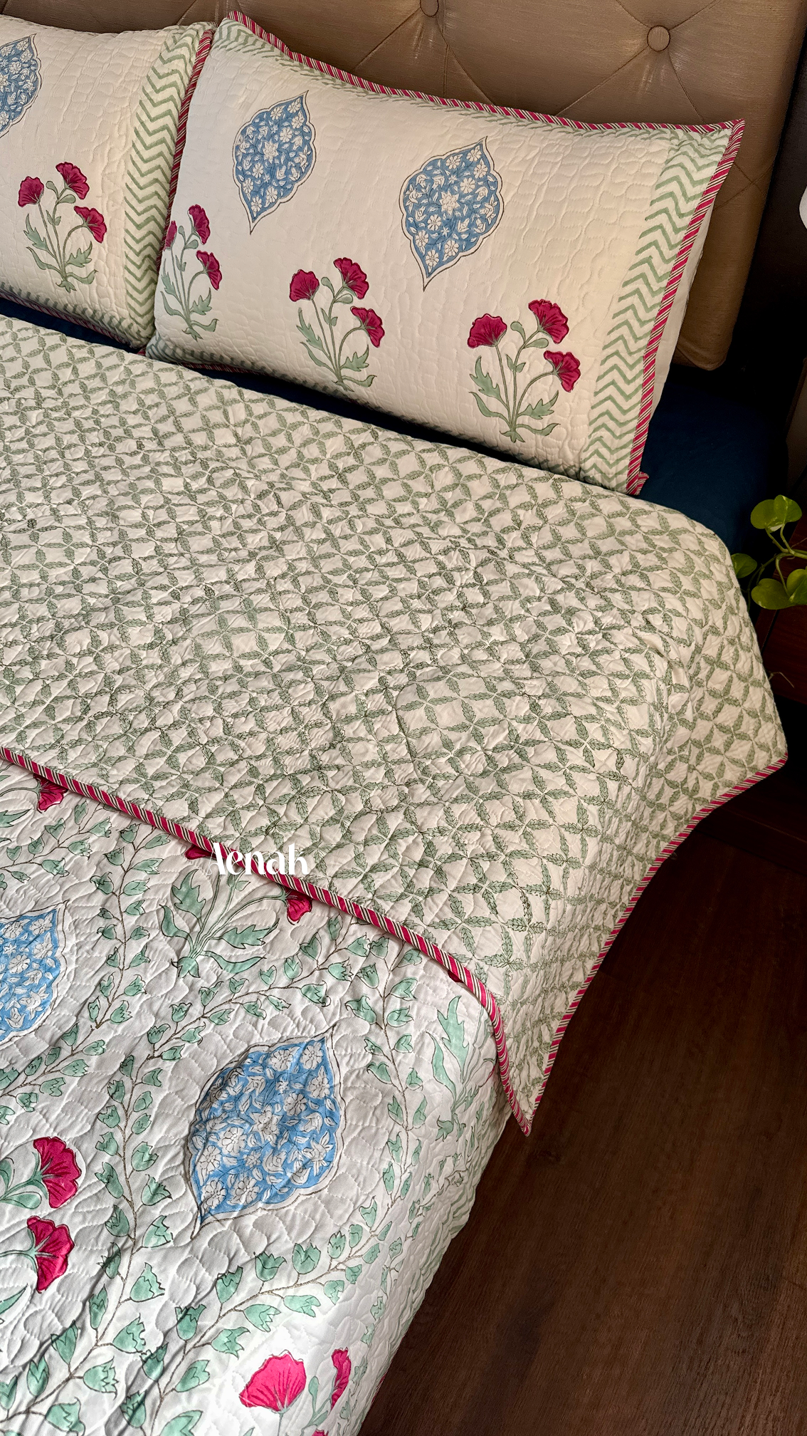 Pink Poppy Handblock Printed Reversible Quilted Bedcover (105x108)