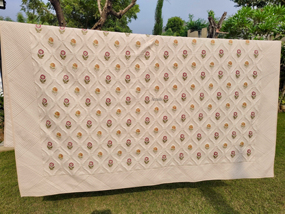 Embossed Rose Handblock Quilted Cotton Bedcover- 105x108