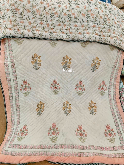 Peach & Yellow Guldasta Handblock Reversible Mulmul Cotton Single Quilt