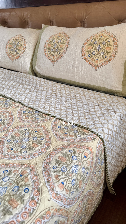 Pastel Yellow Geometric Handblock Printed Reversible Quilted Bedcover