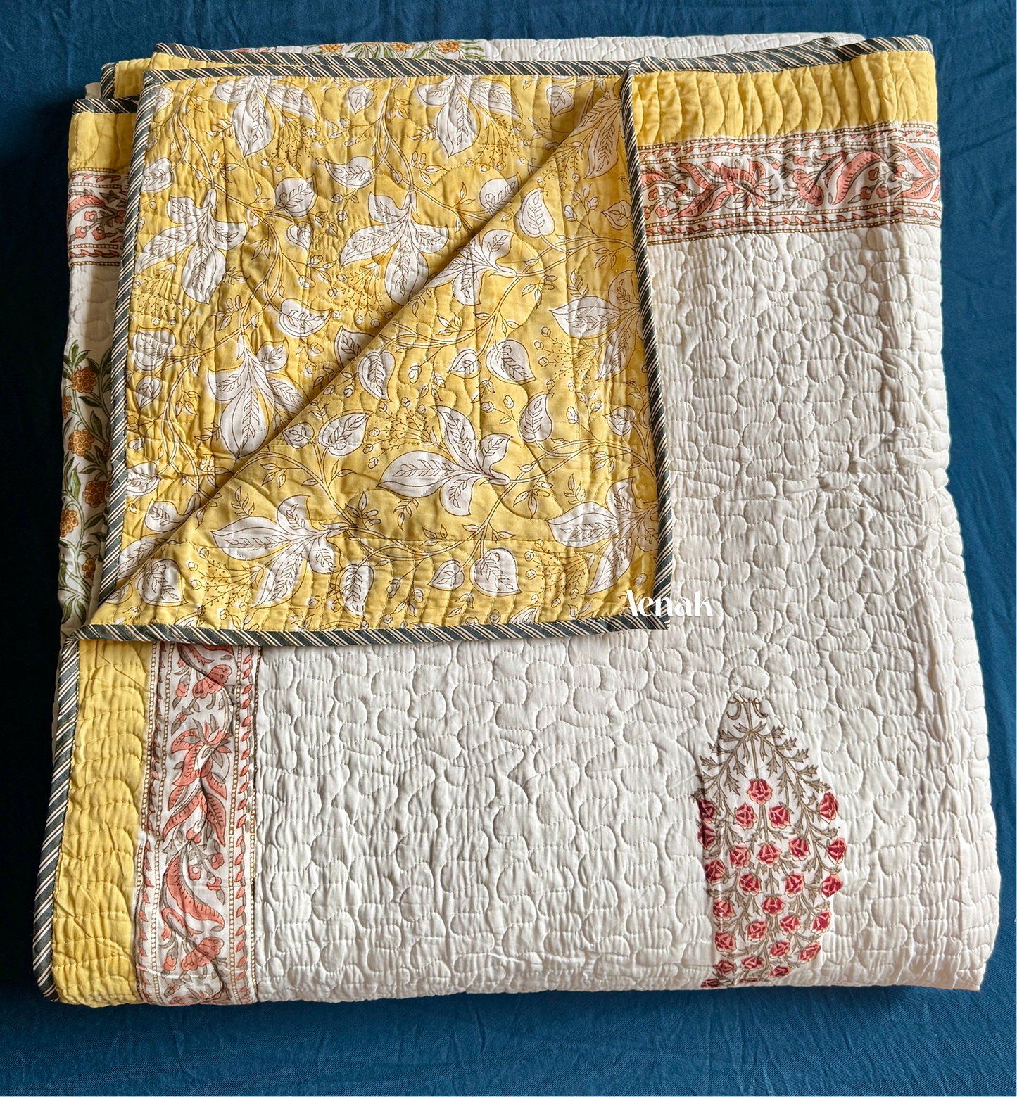 Yellow & Red Phool Boota Handblock Printed Reversible Quilted Bedcover