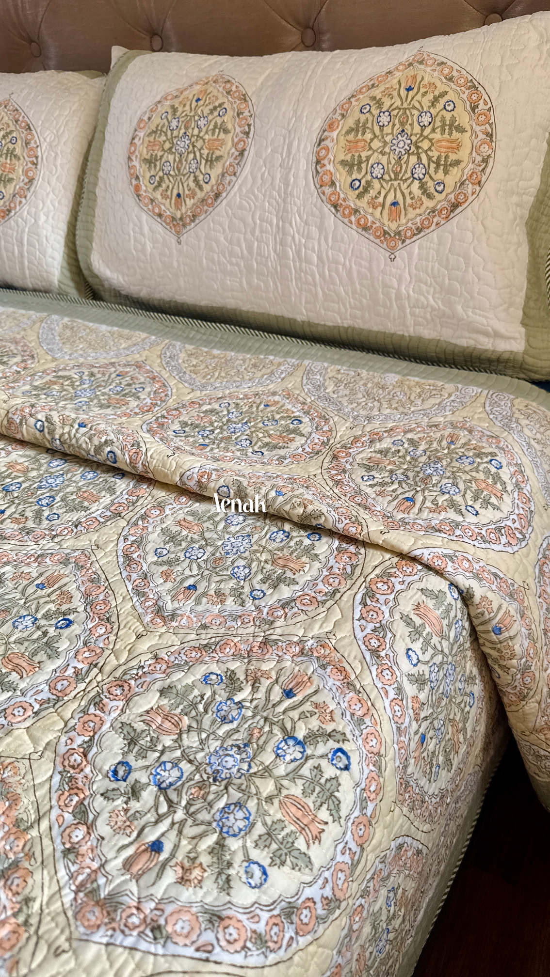 Pastel Yellow Geometric Handblock Printed Reversible Quilted Bedcover
