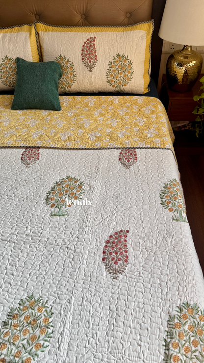 Yellow & Red Phool Boota Handblock Printed Reversible Quilted Bedcover