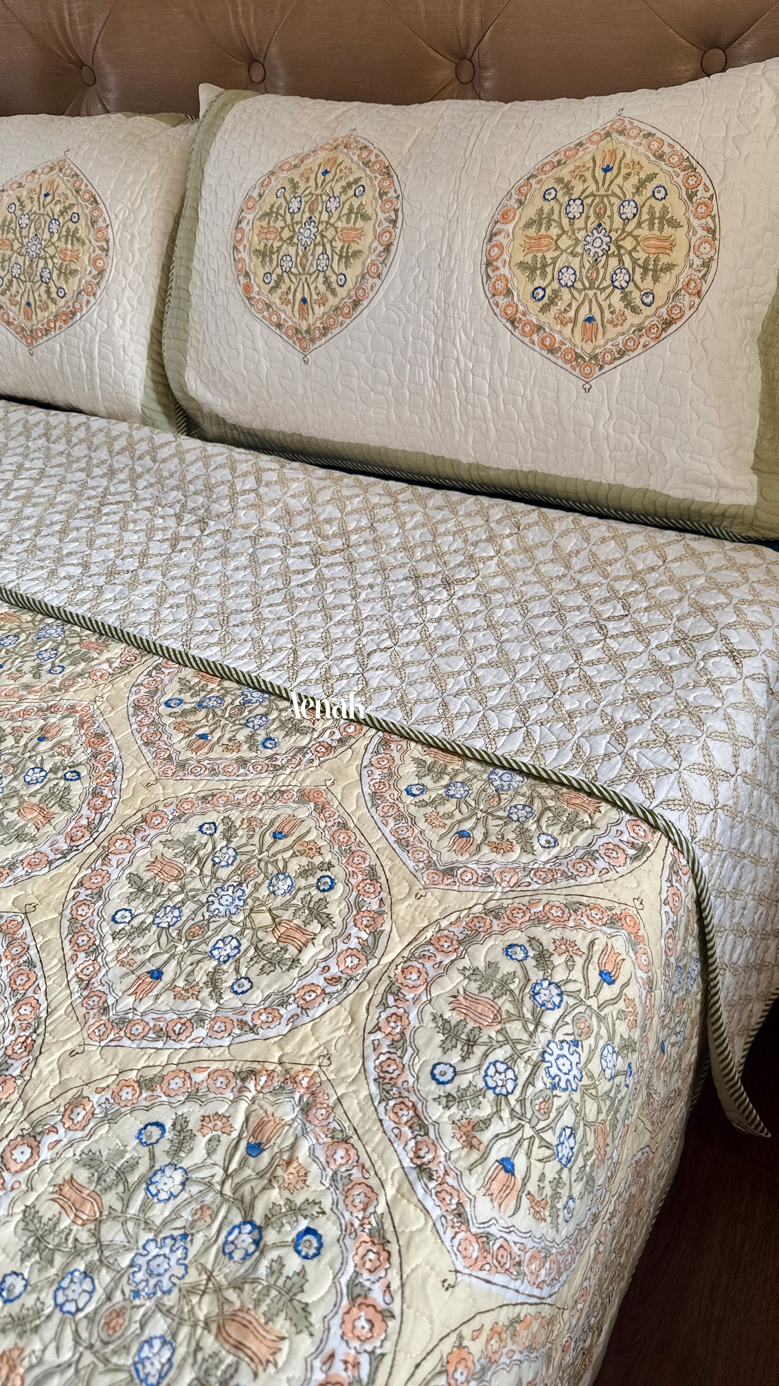Pastel Yellow Geometric Handblock Printed Reversible Quilted Bedcover
