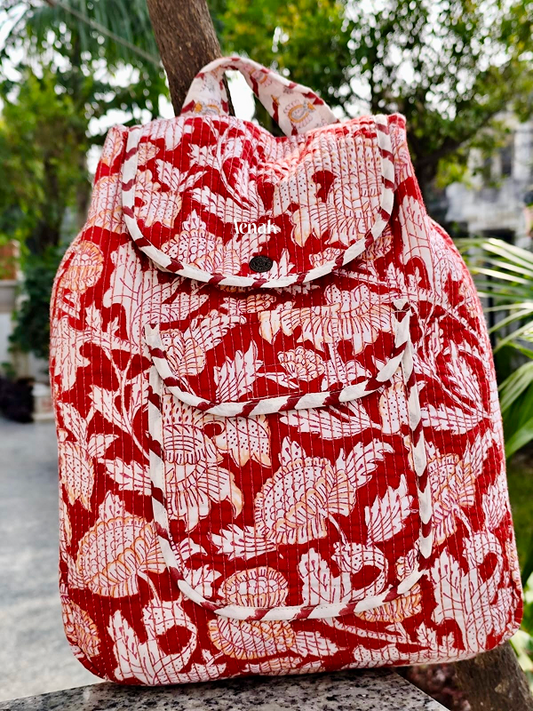 Red Floral Quilted Kids Backpack