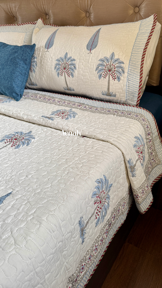 Light Blue Palm Jaal Handblock Printed Reversible Quilted Bedcover