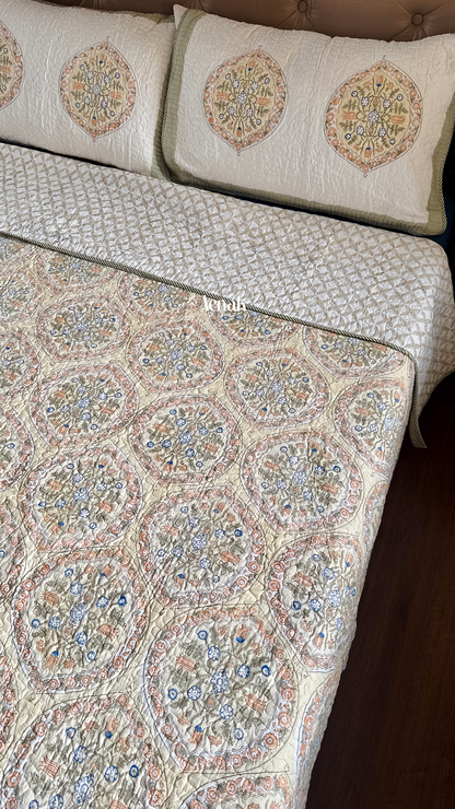 Pastel Yellow Geometric Handblock Printed Reversible Quilted Bedcover