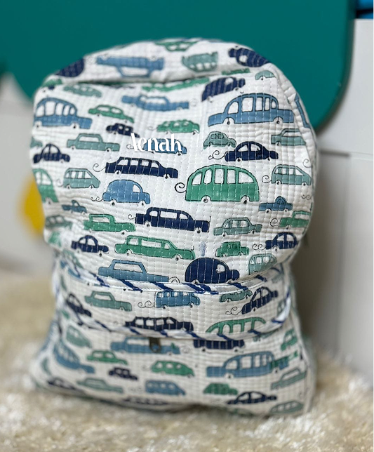 Teal Green Car Quilted Kids Backpack
