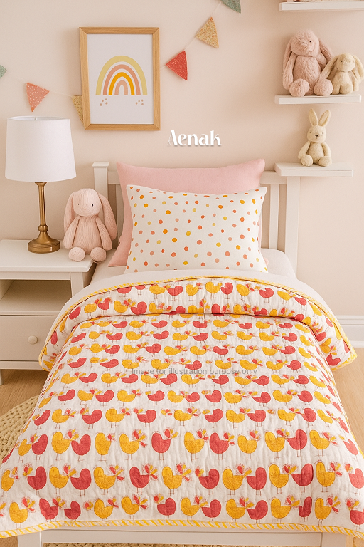Red Yellow Chick Handblock Printed Reversible Mulmul Cotton Blanket