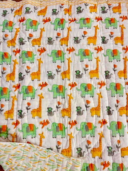 Orange Giraffe Handblock Printed Reversible Mulmul Cotton Blanket